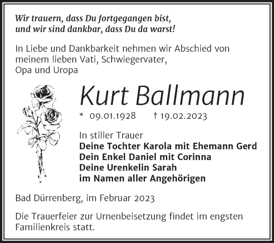 Traueranzeige von Kurt Ballmann von Trauerkombi Merseburg
