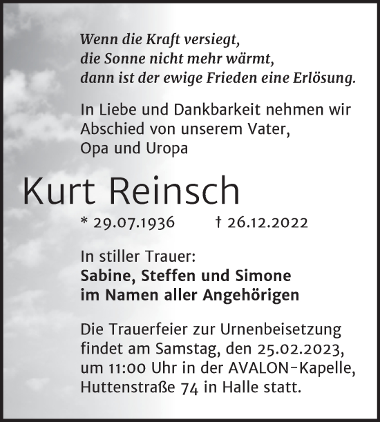 Traueranzeige von Kurt Reinsch von Mitteldeutsche Zeitung Halle/Saalkreis