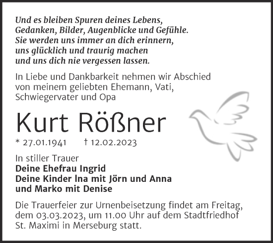 Traueranzeige von Kurt Rößner von Trauerkombi Merseburg
