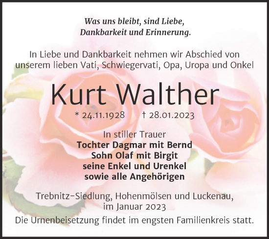 Traueranzeige von Kurt Walther von Trauerkombi Zeitz