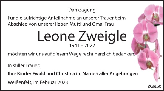 Traueranzeige von Leone Zweigle von Trauerkombi Weißenfels