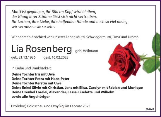 Traueranzeige von Lia Rosenberg von Trauerkombi Zeitz