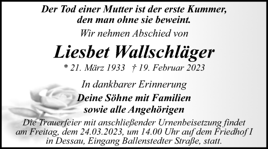 Traueranzeige von Liesbet Wallschläger von Trauerkombi Dessau