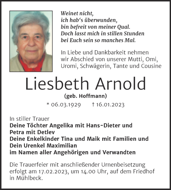 Traueranzeige von Liesbeth Arnold von Trauerkombi Bitterfeld