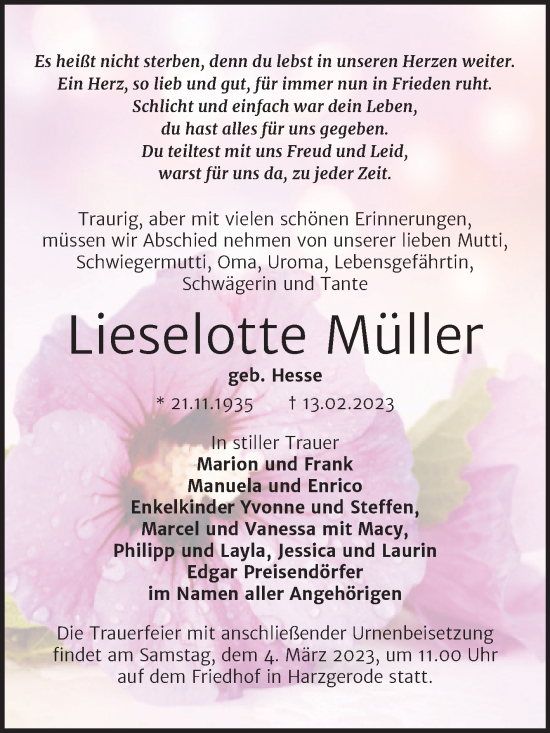 Traueranzeige von Lieselotte Müller von Trauerkombi Quedlinburg