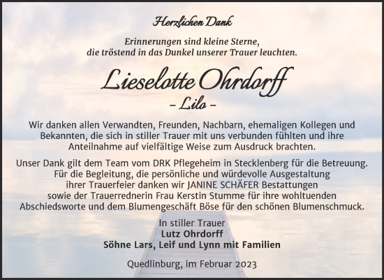 Traueranzeige von Lieselotte Ohrdorff von Trauerkombi Quedlinburg