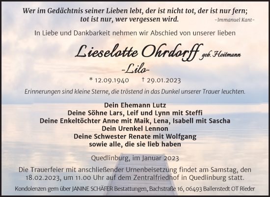 Traueranzeige von Lieselotte Ohrdorff von Trauerkombi Quedlinburg