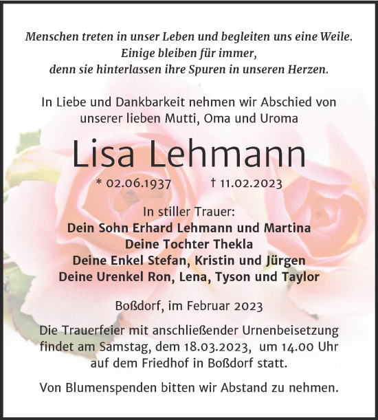 Traueranzeige von Lisa Lehmann von Trauerkombi Wittenberg