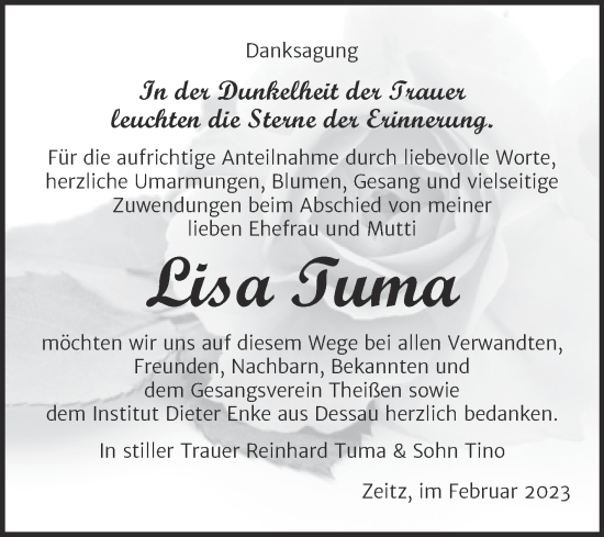 Traueranzeige von Lisa Tuma von Trauerkombi Zeitz