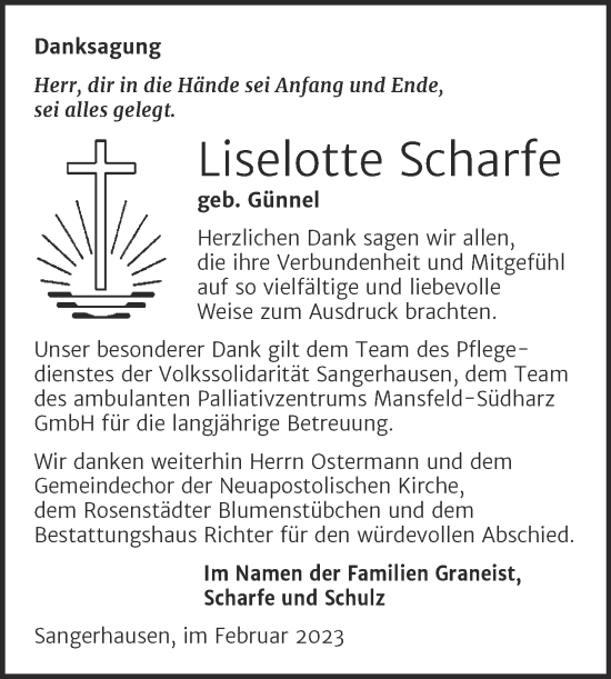 Traueranzeige von Liselotte Scharfe von Trauerkombi Sangerhausen