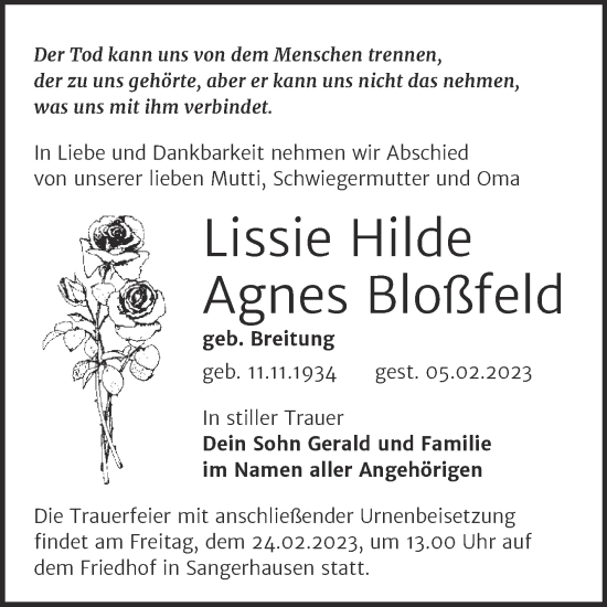 Traueranzeige von Lissie Hilde Agnes  Bloßfeld von Trauerkombi Sangerhausen