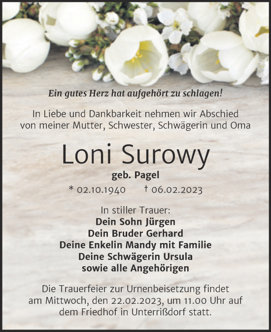 Traueranzeige von Loni Surowy von Trauerkombi Mansfelder Land