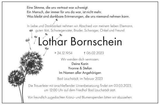 Traueranzeige von Lothar Bornschein von Trauerkombi Merseburg