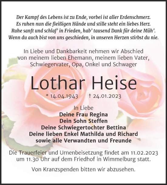 Traueranzeige von Lothar Heise von Trauerkombi Mansfelder Land