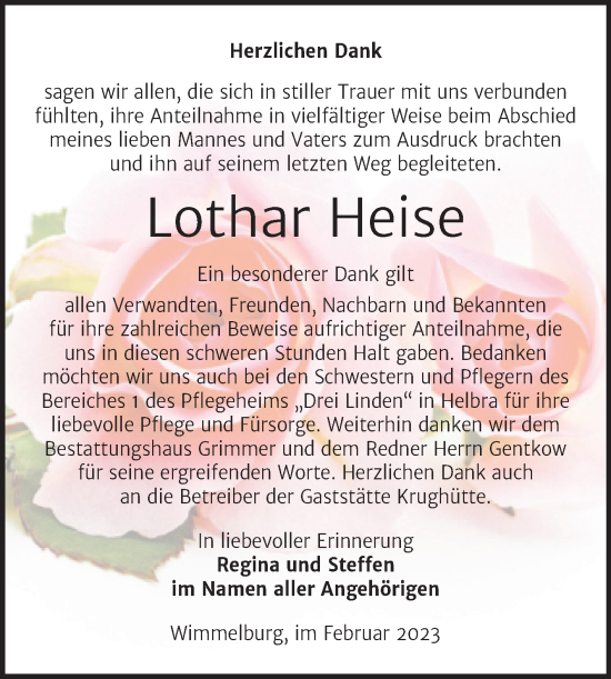 Traueranzeige von Lothar Heise von Trauerkombi Mansfelder Land
