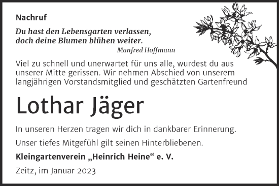 Traueranzeige von Lothar Jäger von Super Sonntag Zeitz