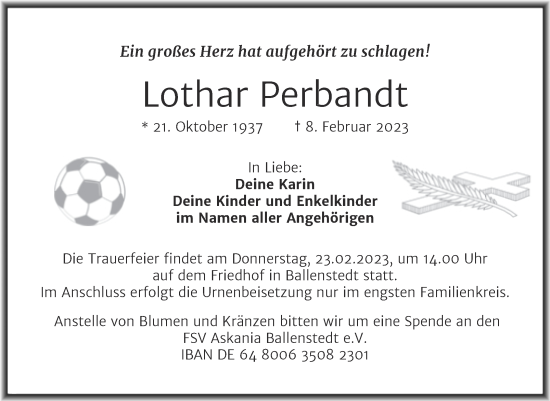 Traueranzeige von Lothar Perbandt von Trauerkombi Quedlinburg
