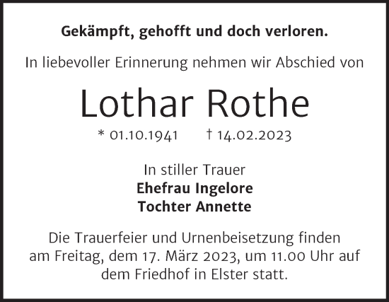 Traueranzeige von Lothar Rothe von Super Sonntag Wittenberg
