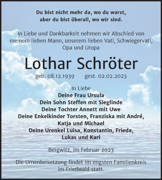 Traueranzeige von Lothar Schröter von Trauerkombi Wittenberg