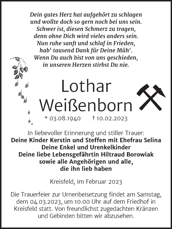 Traueranzeige von Lothar Weißenborn von Trauerkombi Mansfelder Land