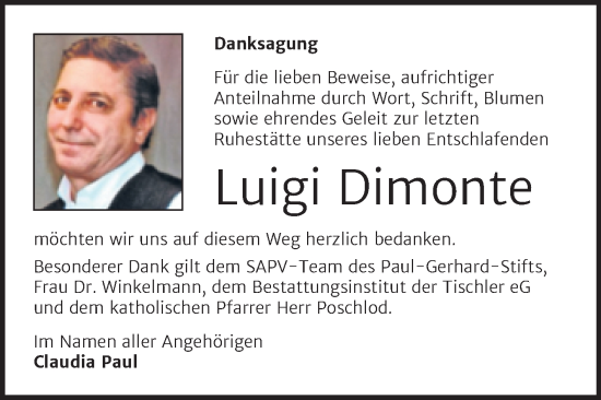 Traueranzeige von Luigi Dimonte von Trauerkombi Wittenberg
