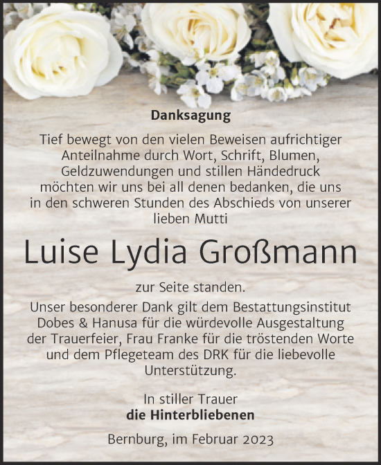 Traueranzeige von Luise Lydia Großmann von Trauerkombi Bernburg