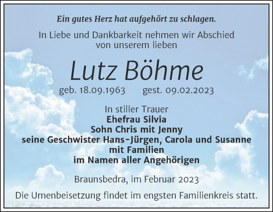 Traueranzeige von Lutz Böhme von Trauerkombi Merseburg