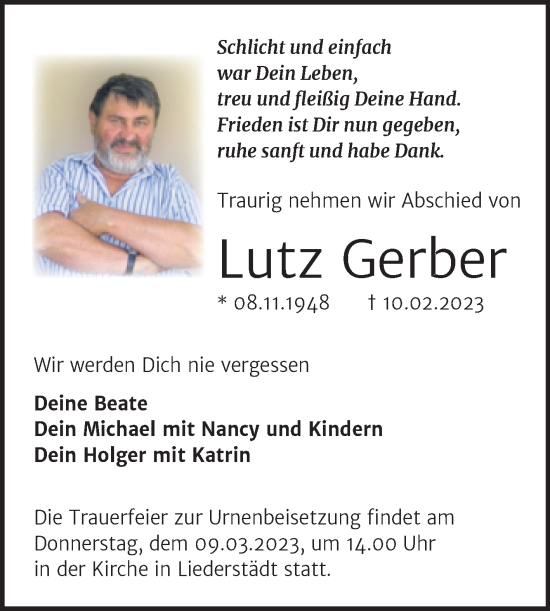 Traueranzeige von Lutz Gerber von Naumburger Tageblatt