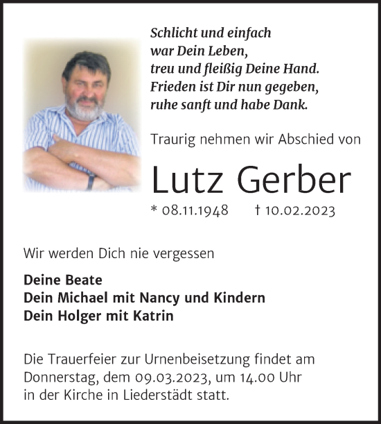 Traueranzeige von Lutz Gerber von Trauerkombi Merseburg