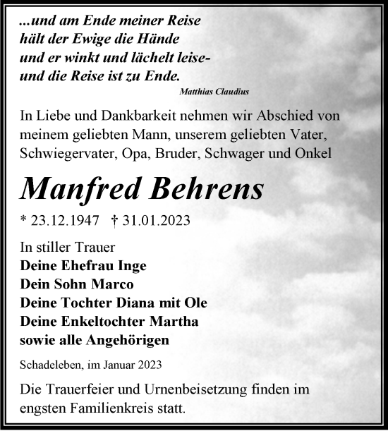 Traueranzeige von Manfred Behrens von Trauerkombi Aschersleben