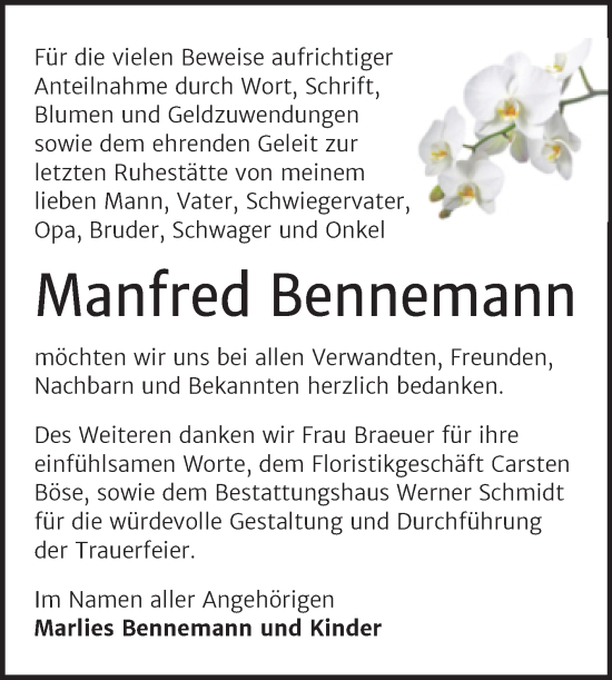Traueranzeige von Manfred Bennemann von Trauerkombi Quedlinburg