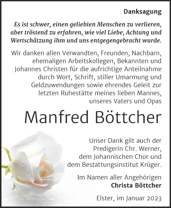 Traueranzeige von Manfred Böttcher von Trauerkombi Wittenberg