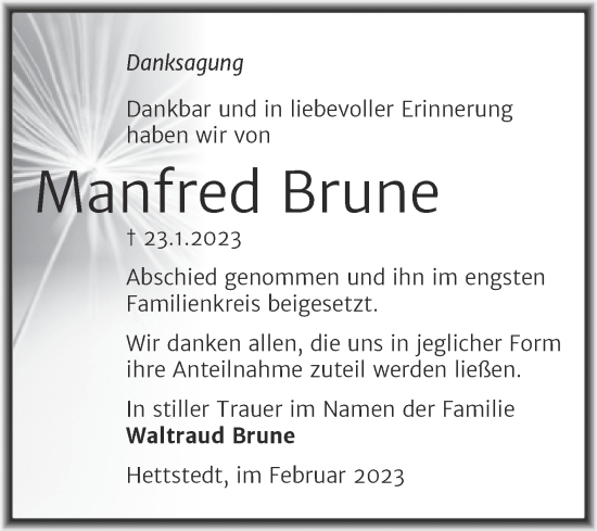Traueranzeige von Manfred Brune von Trauerkombi Mansfelder Land