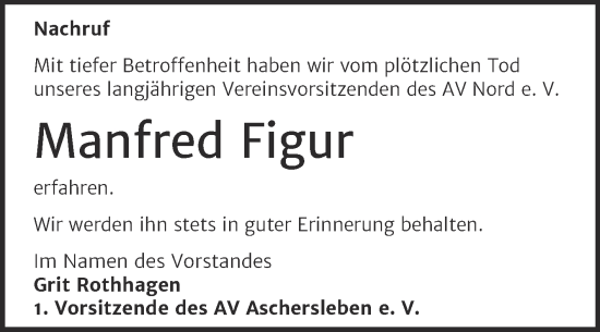 Traueranzeige von Manfred Figur von Trauerkombi Aschersleben