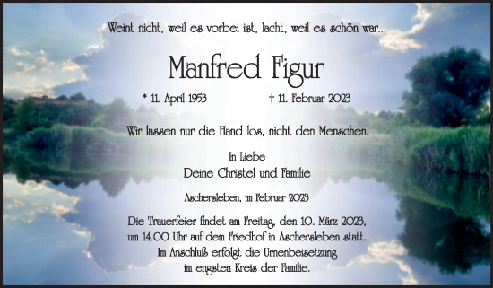Traueranzeige von Manfred Figur von Trauerkombi Aschersleben