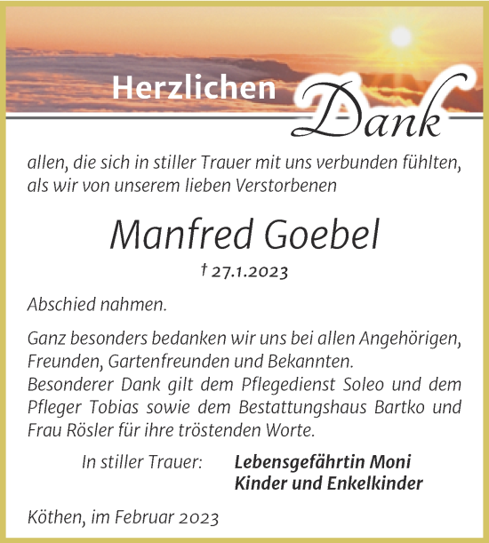 Traueranzeige von Manfred Goebel von Trauerkombi Köthen