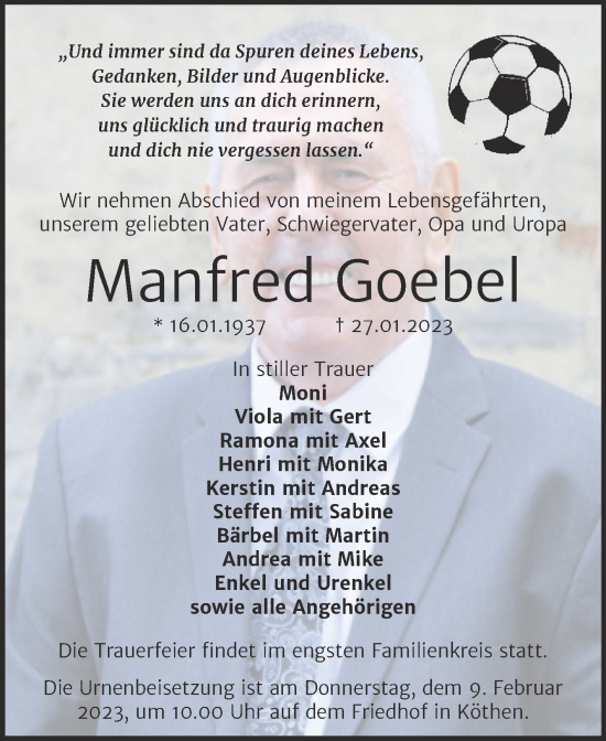 Traueranzeige von Manfred Goebel von Trauerkombi Köthen