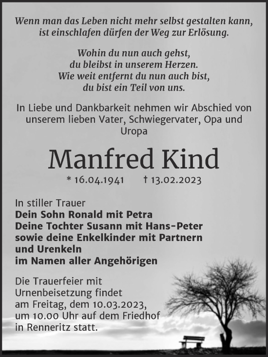 Traueranzeige von Manfred Kind von Trauerkombi Bitterfeld