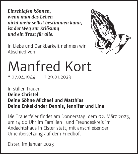Traueranzeige von Manfred Kort von Trauerkombi Wittenberg