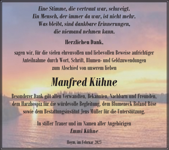 Traueranzeige von Manfred Kühne von Trauerkombi Aschersleben