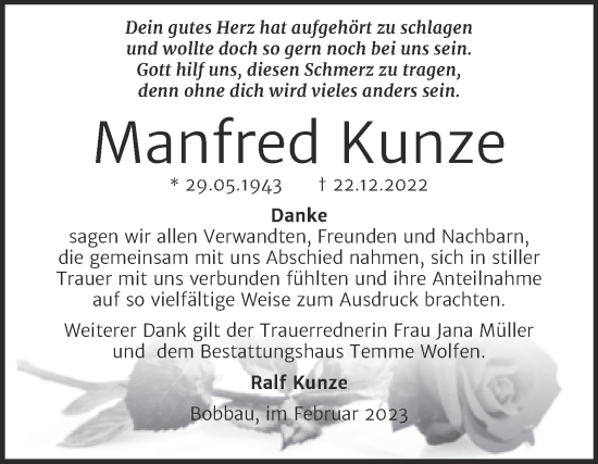 Traueranzeige von Manfred Kunze von Trauerkombi Bitterfeld