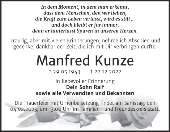 Traueranzeige von Manfred Kunze von Trauerkombi Bitterfeld