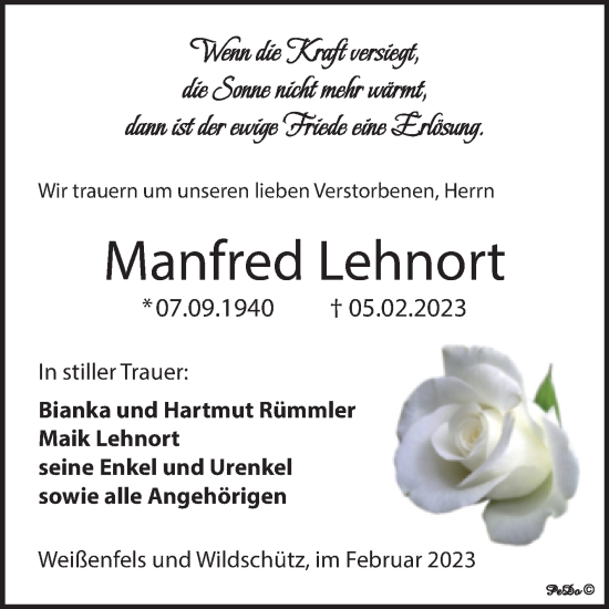 Traueranzeige von Manfred Lehnort von Trauerkombi Weißenfels