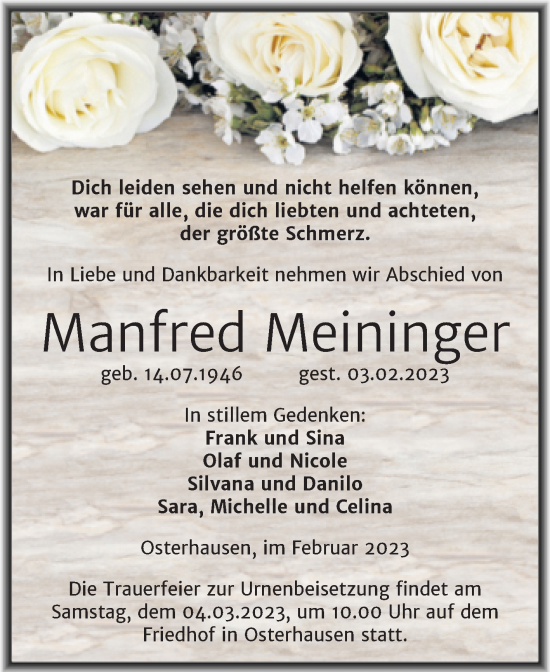 Traueranzeige von Manfred Meininger von Trauerkombi Mansfelder Land