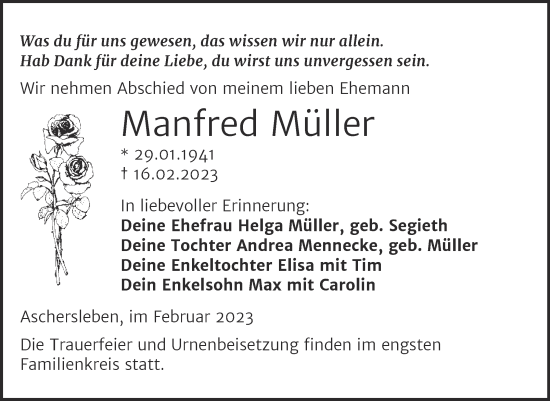 Traueranzeige von Manfred Müller von Trauerkombi Aschersleben