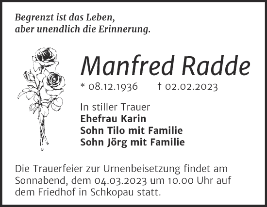 Traueranzeige von Manfred Radde von Trauerkombi Merseburg