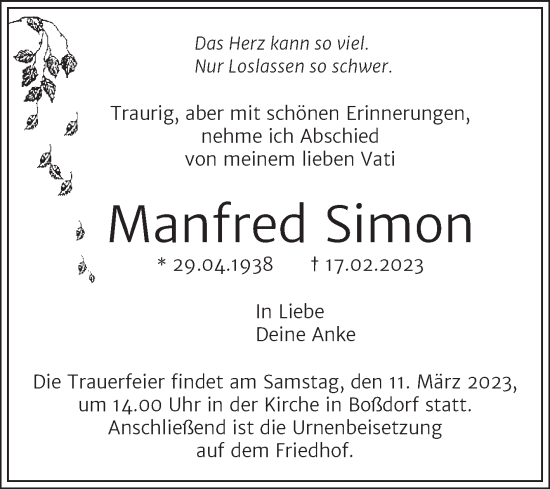 Traueranzeige von Manfred Simon von Trauerkombi Wittenberg