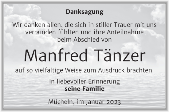 Traueranzeige von Manfred Tänzer von Trauerkombi Merseburg