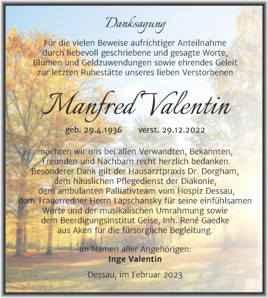 Traueranzeige von Manfred Valentin von Trauerkombi Dessau