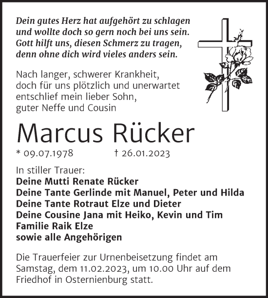 Traueranzeige von Marcus Rücker von Trauerkombi Köthen